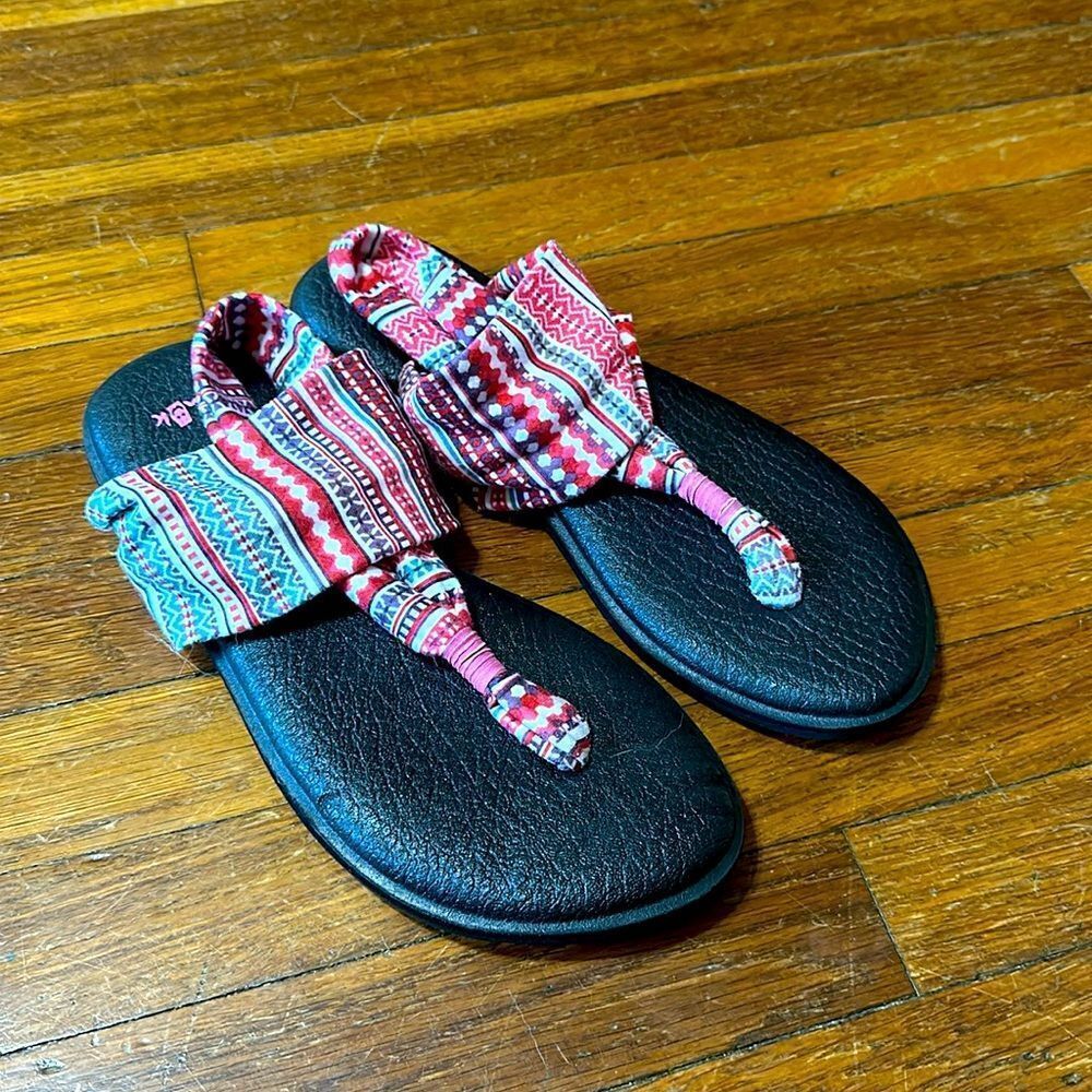 Sanuk Yoga Mat Sling Back Sandals, Pink Pattern, Sz 9